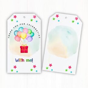 Thank You for Celebrating With Me Birthday Gift Tags with Balloon & Gift Design - Set of 25 tags, Pre-Drilled Holes, Dual-Sided Print - Perfect for Birthday Party Favors