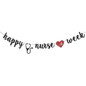 Happy Nurses Week Banner, Nurses Appreciation Week Decorations, Thank You Nurses Party Decorations, Medical Doctor Nursing Party Decorations Black & Red Glitter