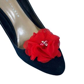 Red Detachable Chiffon and Rhinestone Flower Shoe Clips Set of 2