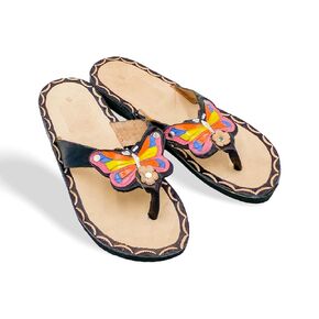 Mariposa Sandal (Black) - Otomi Huarache - Women 100% Artisan Hand Made | Hand Painted Mexican Leather Hipster Colorful Sandal | Flats | Huarache Artesanal - Hecho a Mano Handcrafted in Mexico (US 9)