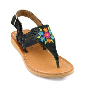 Mexican Leather Sandals with Embroidered Flowers for Women - Model 1314 (7, Black)