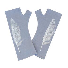 Silver Feather 100% Merino Wool Fingerless Gloves, Hand Printed with White Feather, Designed by Kate Watts, Made in New Zealand