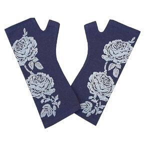 Navy Rose 100% Merino Wool Fingerless Gloves, Dark Blue Hand Printed with Silver Floral, Designed by Kate Watts, Made in New Zealand
