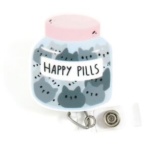 Happy Pills Cats Badge Reel, Funny Badge Reel, RN Nurse Badge Holder, Pharmacy Tech Badge Clip, Mental Health Retractable ID Badge Holder, Cat Lover Badge Clip