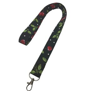 Cherries Lanyard ID Badge Key Holder Keeper Fabric Cotton Retro Black Red