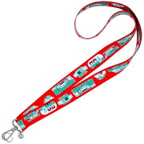 RV Camping Lanyard - Cute Trailers on Red - ID Badge Holder - Keychain - 1x36 Inch - Vintage Car & Camper - Class B - Class C - Teardrop - Motorhome - Pop-Up - Handmade by Green Acorn Kitchen