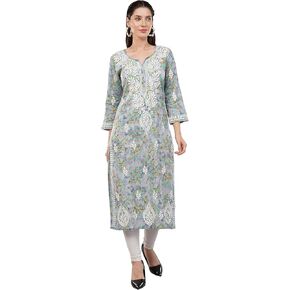 Floral Chikankari Kurta Kurti for Women, Hand Embroidered, Designs and Prints May Vary (XS-36, Peach) in Saudi Arabia