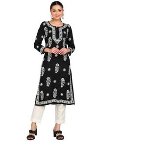Women Chikan Embroidery, Embroidered, Block Print Viscose Rayon A-line Black,White Kurta