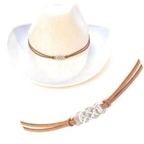 Celtic Knot Cowboy Hatband Brown Suede Cord Bands Silver Double Infinity Concho For Brim Hats Unisex One Size Adjustable Bolo Slide
