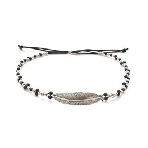 Silver Feather Hatband Black Onyx Gemstone Bead Weave One Size Adjustable For Cowboy Cowgirl Western Brim Hats