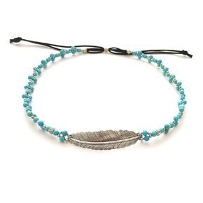 Cowboy Hat Band Feather And Vibrant Blue Turquoise Bead Weave Long Silver Metal Concho Charm Adjustable One Size For Cowboy Cowgirl Straw Brim Hats