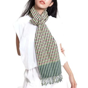 9 Color tones 100% Cotton Plaid Scarf for Women – 15 x 66 Inch Handmade Scarf with Jacquard Braid – Gorgeous Non-Fading Colors – Breathable and Skin-Friendly Scarf – Ideal for All Seasons