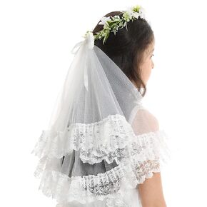 Flower Girl Headband Veil: White Floral Garland Crown Hair Wreath Festival Wedding First Communion Headpiece with Veil for Girls