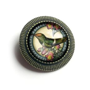 Hummingbird On Rose Glass And Brass Brooch