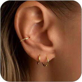 3Pairs Small Hoop Earrings for Women, Dainty 14K Gold Plated Huggie Hoop Earrings Hypoallergenic Lightweight Cartilage Earrings Set for Multiple Piercings for Sensitive (7mm 8mm 9mm)