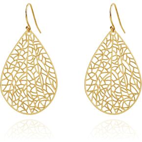 Handmade Filigree Teardrop Dangling Earrings for Women, 925 Sterling Silver Hooks Exquisite Leaf Earrings for Gift
