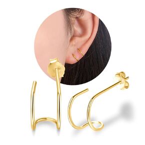 Faux Double Piercing Earrings 14k Gold Plated Sterling Silver Small Thin Huggie Hoop Earrings for Women, 8mm Dainty Mini Hypoallergenic Half Hoop Earrings as Everyday Jewelry Gifts