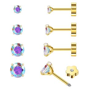 4Pairs AB CZ Earrings Studs 14K Gold Flat Back Cubic Zirconia Earrings for Helix Cartilage Piercing Hypoallergenic Screw Back Nap Earrings Handmade Earrings for Women Multiple Piercin Gold6-9