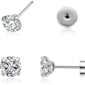 3mm Tiny Cubic Zirconia Screw on Stud Earrings,Unisex Flat Back Stud Earrings,Cartilage Tragus Helix Piercing Steel Hypoallergenic Earring Jewelry Gift for Women Men Girls Teens(Silver, 3mm) in Kuwait