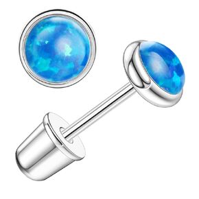 14K Gold Plated Threadless Flat Back Opal Stud Earrings Hypoallergenic Surgical Stainless Steel Earrings Studs for Women Girls 5mm Handmade Cartilage Helix Conch Multiple Piercing (White Opal, Gold)