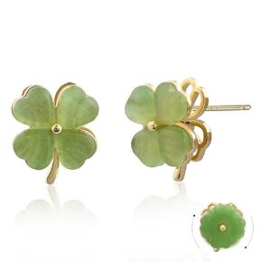 Four Leaf Clover Earrings Stud Jade Earrings 14K Gold Earrings Green Stud Earrings Gold Earrings for Women Trendy