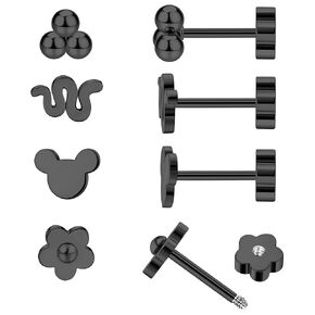 4Pairs Hypoallergenic Flat Back Earrings for Women 14K Gold Cartilage Earring for Sensitive Skin Snake Flower Screw Back Nap Earrings for Helix Piercing Gold
