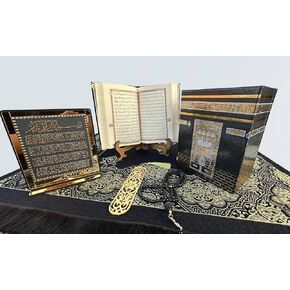 SAIKA Muslim Prayer Rug, Islamic Gift Set, Velvet Full Arabic Quran, Elegant Kaaba Design Box, Ayat El Kursi Table Top, Prayer Beads, Bookmark, Janamaz, Salah Mat (KAABA)