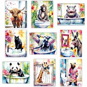 Funny Animal Bathroom Wall Decor - Watercolor Elephant Bear Giraffe Black Cat Panda Monkey Highland Cow Art Posters for Cute Modern Powder Room Restroom Decorations Pictures - 8x10 UNFRAMED Prints
