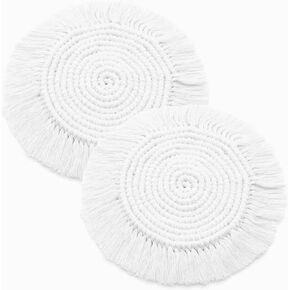 Boho Coasters Set of 2, Handmade Macrame Placemats for Housewarming Gift Home Decor Desk Table Kitchen Dining Room, Bar Drink Coaster for Mugs and Cups (Round, White)