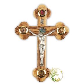 Wall Cross Flowers, Incense, Olive Leaf and Stones/Wooden Cross with Mother of Pearl Bethlehem Star from the Holy Land Made from Olive Wood - Crucfix for Communion, Baptism or Christening Gifts Large