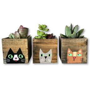 Mini Cat Planters, Set of 3 Small Garden Boxes, Great Gift for Cat Mom, Mother's Day, Birthday (Whitewashed Wood/Black Cats)