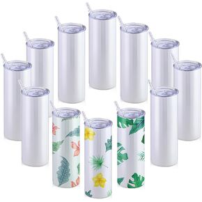 12pack 20oz Sublimation Skinny Tumblers - Blank Stainless Steel Insulated Cups with Straw，Double Wall Stainless Steel Tumbler for Tumbler Press Machine