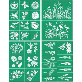 JAJADO Wild Flower Stencils 4pcs, Self Adhesive Silk Screen Stencils Rose Flower Animal Plant Spring DIY Stencils for Painting on Wood, T-Shirt, Chalkboard, Wall, Canvas, Home Decor