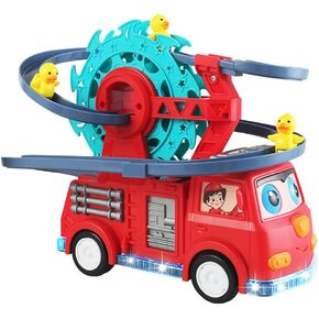 2 in 1 Fire Engine Slide Toy Set, Automatic Slide Down Duck Toy Race Track Toy Rotating Ferris Wheel Toy Duck Slide Toy Fire Truck Toy with Universal Wheel, Movable Eyes, Music & Lights