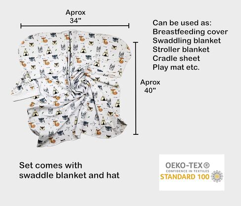 Baby boy Swaddle Blanket and Hat Set Newborn Wrap Baby Receiving Blanket forest animals design, woodland in Saudi Arabia
