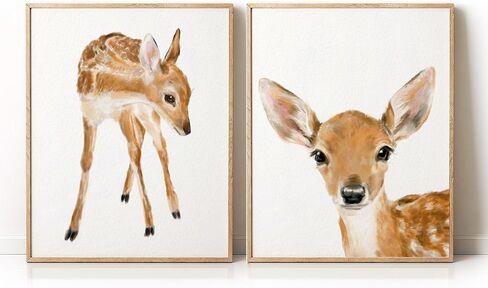 Baby Fawn Art Prints, Set Of 2, Boho Nursery Room Wall Decor, Adorable Woodland Deer Animal, Cute Girl Bedroom, UNFRAMED, Signed by Artist (8x10 Inches) in Kuwait