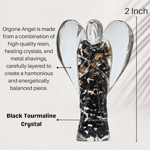 Selenite Black Tourmaline Guardian Angel Figurine Pocket Crystal Angel for Protection - Orgone Guardian Angel with Orgonite Layer and Natural Crystal for Healing Gift (2 Inch, Organite) in Saudi Arabia
