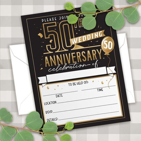 50th Wedding Anniversary Invitations and Envelopes - Set of 25 - Blank Stationery Card - Minimalist Supplies Perfect for Celebrating Special Couple's Milestone, 5x7 Elegant Design Invitations in Saudi Arabia