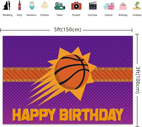 Phoenix Suns Birthday Backdrop Decorations NBA Basketball Party Supplies Basketball Birthday Photo Background for Boys Kids Girls in Home Indoor Outdoor Birthday Party Favors 5x3FT in Saudi Arabia
