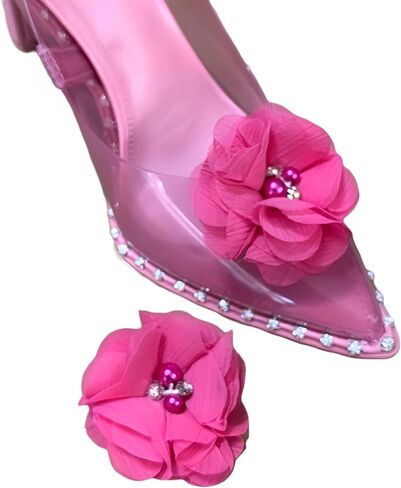 Hot Pink Detachable Chiffon and Rhinestone Flower Shoe Clips Set of 2 in Saudi Arabia