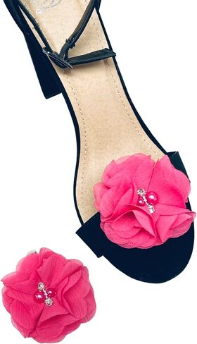 Hot Pink Detachable Chiffon and Rhinestone Flower Shoe Clips Set of 2 in Saudi Arabia