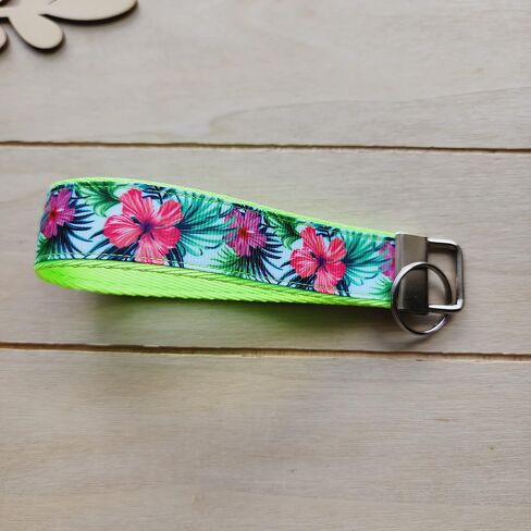 Neon green hibiscus wristlet,Julie Ng Studio handmade, spring flower key fob, Hawaii flower key chain, tropical car lanyard, FBA in Saudi Arabia
