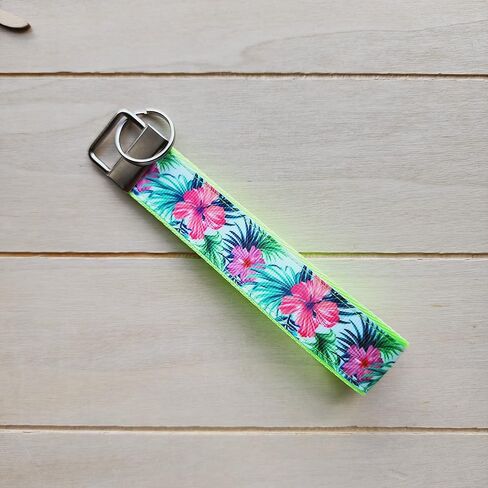 Neon green hibiscus wristlet,Julie Ng Studio handmade, spring flower key fob, Hawaii flower key chain, tropical car lanyard, FBA in Saudi Arabia