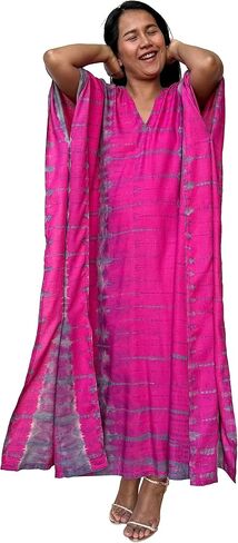Plus Size Kaftan Dresses for Women, Caftans for Women Loungewear - Handmade Women's Fashion, Individually Tie-Dyed Maxi Dress for Beach, Resort, Vacation, Night Out - 55 in., Fuchsia w/Gray in Saudi Arabia