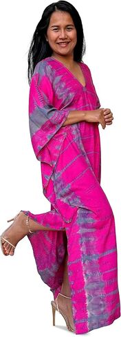 Plus Size Kaftan Dresses for Women, Caftans for Women Loungewear - Handmade Women's Fashion, Individually Tie-Dyed Maxi Dress for Beach, Resort, Vacation, Night Out - 55 in., Fuchsia w/Gray in Saudi Arabia