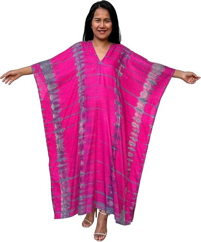 Plus Size Kaftan Dresses for Women, Caftans for Women Loungewear - Handmade Women's Fashion, Individually Tie-Dyed Maxi Dress for Beach, Resort, Vacation, Night Out - 55 in., Fuchsia w/Gray in Saudi Arabia