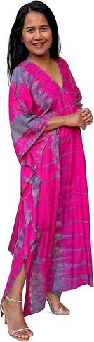 Plus Size Kaftan Dresses for Women, Caftans for Women Loungewear - Handmade Women's Fashion, Individually Tie-Dyed Maxi Dress for Beach, Resort, Vacation, Night Out - 55 in., Fuchsia w/Gray in Saudi Arabia