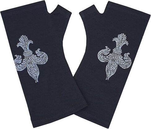 LARGE Black Fleur de lis 100% Merino Wool Fingerless Gloves, Hand Printed in Dark Silver, designed by Kate Watts, Made in New Zealand in Saudi Arabia