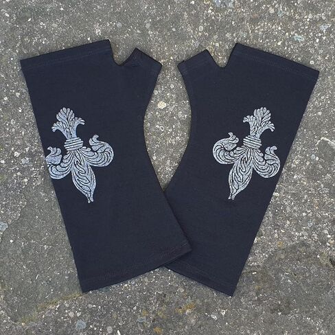 LARGE Black Fleur de lis 100% Merino Wool Fingerless Gloves, Hand Printed in Dark Silver, designed by Kate Watts, Made in New Zealand in Saudi Arabia