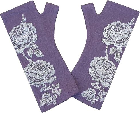 Purple Rose 100% Merino Wool Fingerless Gloves, Hand Printed with Dark Silver Floral, Designed by Kate Watts, Made in New Zealand in Saudi Arabia